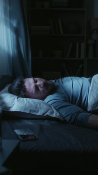 Vertical shot of adult man lying in bed burying face in pillow struggling to fall asleep in dark bedroom during late night