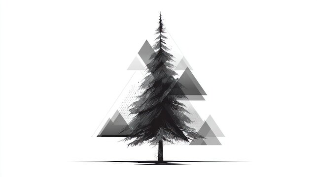 Black and white image of a pine tree surrounded by translucent triangles