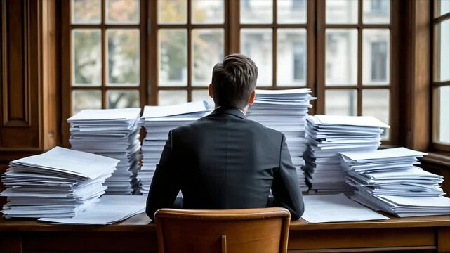 Man in suit sitting at desk with high piles of paper. Busy employee working on legal document. Corporate office overload and heavy bureaucratic task management.