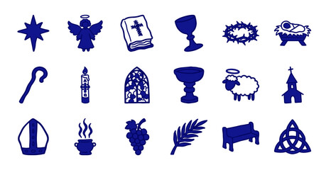 Naklejka premium Hand-drawn Christian religious symbols and liturgical elements for spiritual branding. Rustic naive marker sketch illustrations of church faith concepts.
