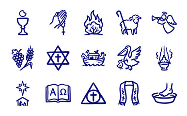 Naklejka premium Hand-drawn Christian religious symbols and biblical motifs in a naive marker sketch style for church branding and spiritual storytelling.