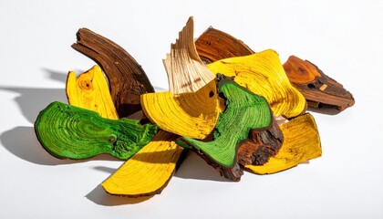 Vibrant abstract arrangement of colorful wood scraps and offcuts, showcasing their varied textures, organic shapes, and natural forms on a bright background.