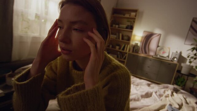 Handheld close up shot of young adult woman holding head with hands feeling short for breath while stressing out sitting on bed in sunlit room