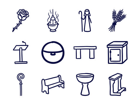 Hand-drawn religious liturgy and church sanctuary elements. Rustic, naive marker sketch illustrations of Catholic ritual objects and clergy symbols.