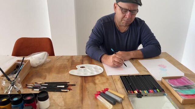 Profesor preparando bocetos en mesa con material de pintura en seda