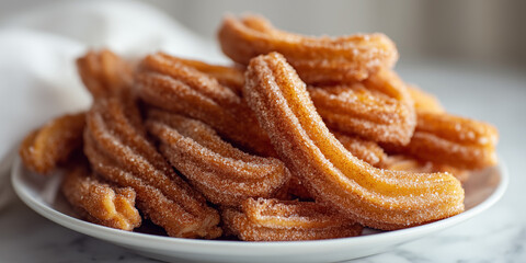 Fototapeta premium Crispy Air Fryer Churros with Sugar and Cinnamon: Macro Food Photography on Modern Marble Kitchen Counter