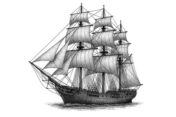 Detailed black and white vintage engraving of a three-masted sailing ship with full square sails, elaborate rigging, bowsprit and hull, rendered in fine stippling and linework © Vladyslav Tykhonov
