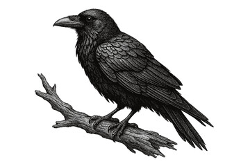 Fototapeta premium Highly detailed black-and-white engraving-style illustration of a perched raven on a textured branch, showcasing intricate feather patterns, sharp beak, talons, and wood grain
