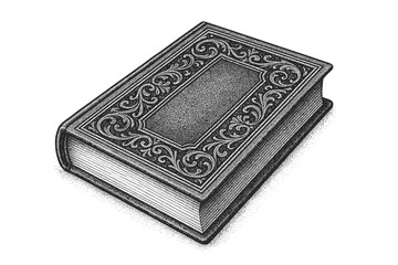 Fototapeta premium Ornate embossed vintage hardcover book with intricate baroque filigree border and blank central cartouche, visible fore-edge pages, rendered in detailed stipple engraving style