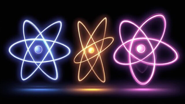 Glowing atom models, various colors against a black backdrop. Science and technology concept