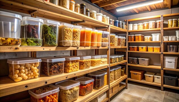 Neatly arranged waterproof emergency food rations stored on wooden shelves in a well-organized basement pantry, ensuring long-term preparedness and household food security for any situation.