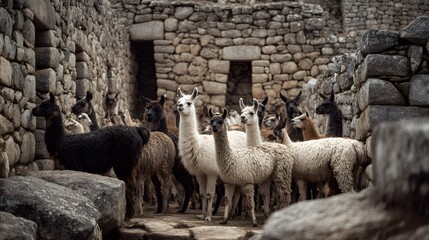 Fototapeta premium A diverse herd of llamas standing amidst ancient stone structures, showcasing a blend of natural life and historical architecture.