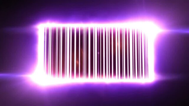 Glowing purple barcode in a futuristic style, surrounded by light and on a black background