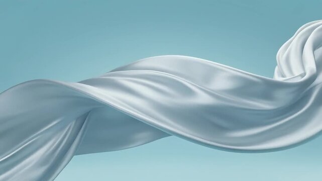 A flowing, billowing swath of pearlescent fabric against a soft, gradient, blue background