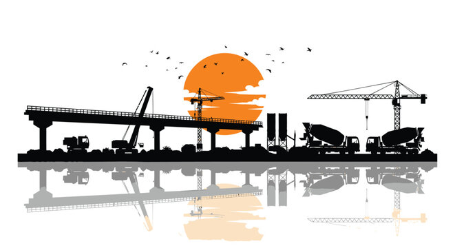 Industrial construction site silhouette vector, sunset background