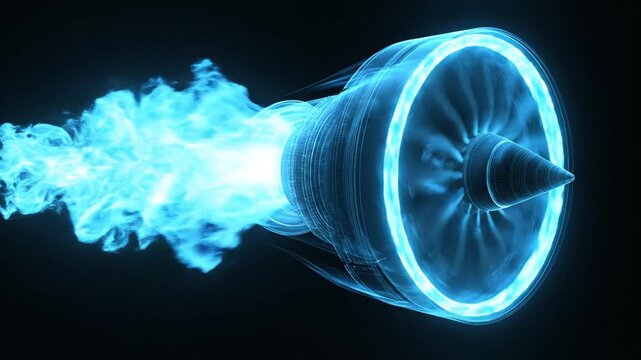 A stylized diagram of a jet engine with luminous blue exhaust against a black backdrop