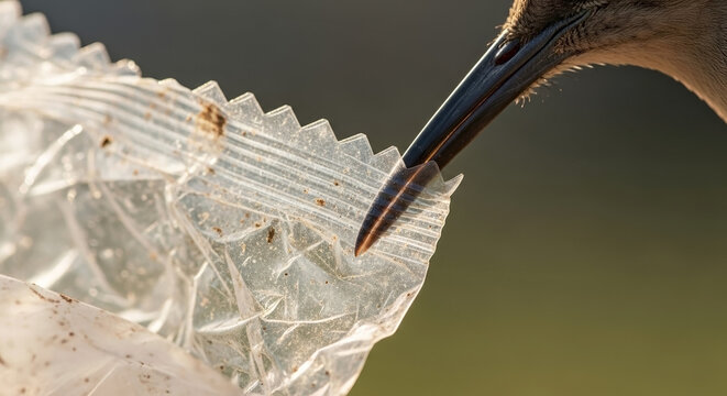 Close up view bird pecking trash, specifically discarded plastic wrapper. Scene highlights environmental concern, with bird pecking trash reflecting human impact on nature.