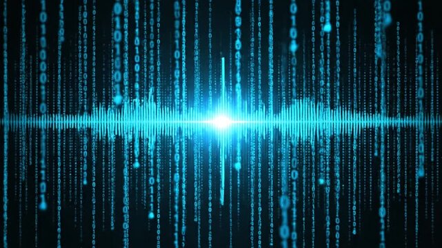 A digital visualization showcasing audio waveforms, data streams, and a central blue light burst