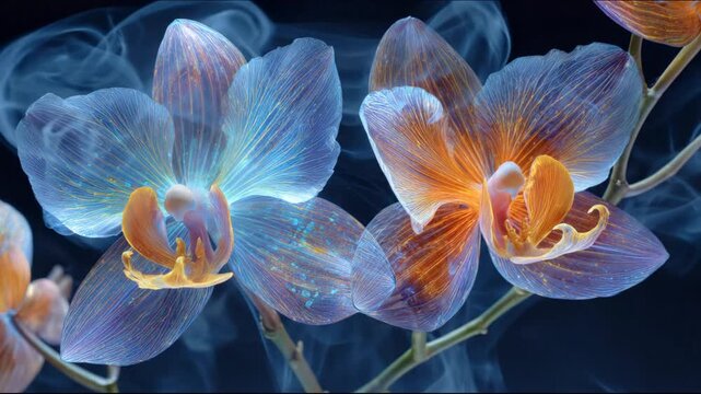 Intricate macro close-up of translucent orchids glowing with orange-yellow & violet hues against a dark backdrop