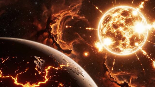Fiery planet near a massive solar flare or exploding star in deep space