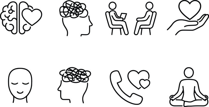 Set of 8 Mental Health and Wellness Line Icons Vector for Therapy, Mindfulness, and Emotional Support