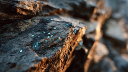 Fototapeta premium Glowing Digital Data Symbols Embedded in Ancient Rock Texture