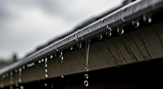 Clear rainwater dripping from roof during downpour, forming sparkling drops against dark cloudy sky. Persistent rainwater dripping from roof creates refreshing natural pattern.