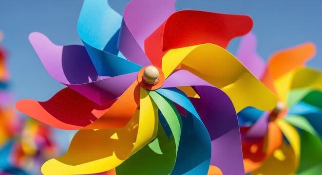 Colorful paper windmill spins against bright blue sky on sunny day, showcasing vibrant rainbow hues. Each paper windmill creates a cheerful atmosphere and evokes feelings of childhood wonder.