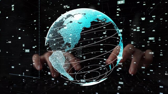 A striking digital globe graphic showcasing a network of interconnected data points with hands overlaying the interactive 3D Earth design in a modern tech backdrop. Xenic