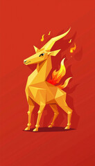 Symbol of year of fire goat with polygonal design showcasing golden goat figure against vibrant red background. Year of fire goat features fiery elements depicting strength and vitality.