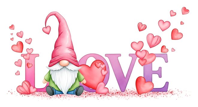 A whimsical gnome sits beside the word "LOVE," surrounded by floating hearts, celebrating affection
