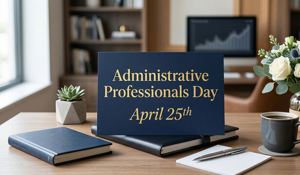 ​Administrative Professionals Day Card on Office Desk with Flowers and Coffee