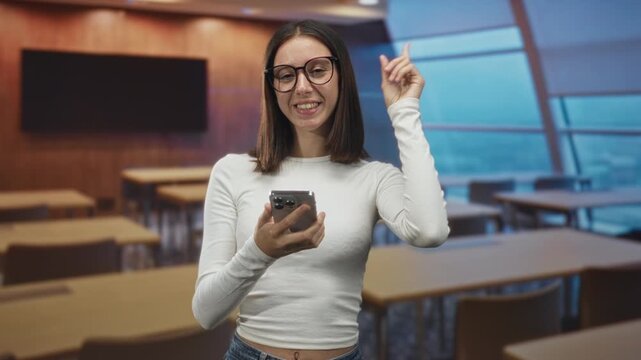 Young woman holding smartphone points finger up in a classroom building, smiling with glasses and cropped white top; confidence learning.