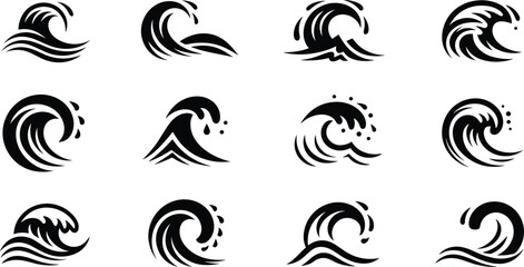 Fototapeta premium Collection of Twelve Stylized Black Wave Icons on a White Background abstract blue