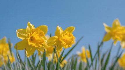 Fototapeta premium Blooming daffodils under clear spring sky