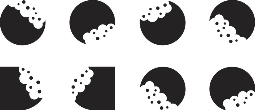 Set of Eight Black Circular and Square Icons with Bite Marks and Bubbles graphic