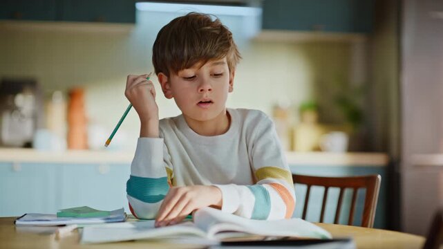 Elementary school student writing copybook making homework assignment closeup.