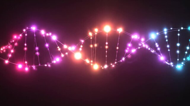 A glowing, abstract representation of a double helix in vibrant shades of pink, orange, and blue against black