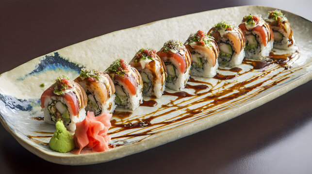 Gourmet sushi roll on ceramic plate
