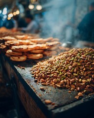 Obraz premium Aromatic roasted pistachios steaming on a rustic market stall, hinting at the vibrant energy and rich flavors of a bustling culinary scene.