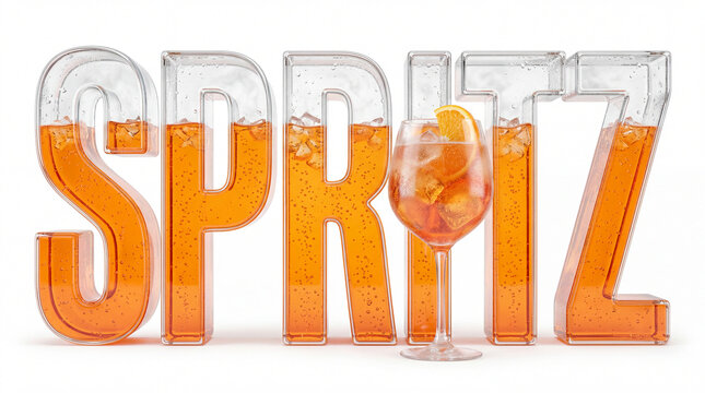 Spritz 3d cocktail and letters with orange slice and ice cubes