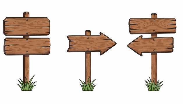 Wooden directional signs with grass at the base, showing options for left, right, and general direction