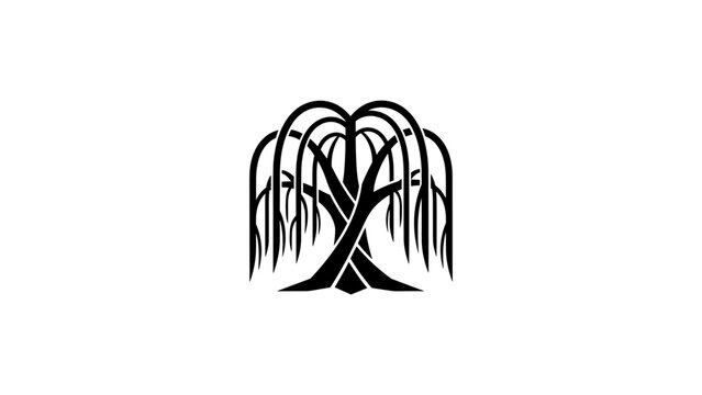 Minimalist silhouette of willow tree with drooping branches on white background