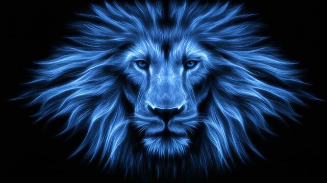 A majestic lion portrait, depicted in vibrant blue lines against a black background