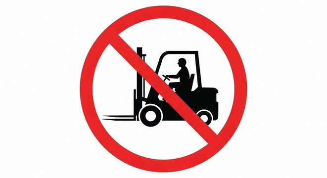 No forklift sign indicating prohibition of industrial vehicle use in a specific area for safety and regulation compliance.