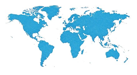 Blue map of Earth continents on white background, showing global landmasses