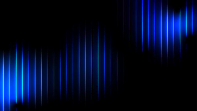 Blue dark navy cyan 3D abstract background with narrow vertical glass rays. Iridescent fractal prism light waves over black gradient. Minimalist fluid 3D render with luminous glow, sleek futuristic.