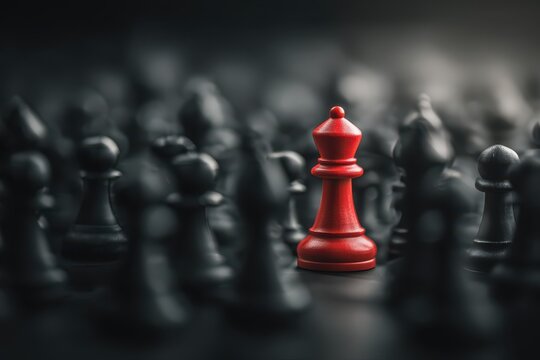 Red chess piece boldly rising among dark shadows