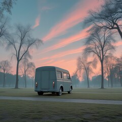 Fototapeta premium A vintage van is parked on a grassy path in a park. The sun sets behind tall trees, creating a colorful sky filled with shades of pink and blue