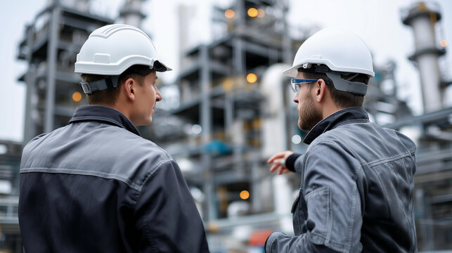 Faceless refinery industrial engineers working and discussing in front of defocused oil and gas industrial plant, manufacturing consultation, energy sector operations, with copy